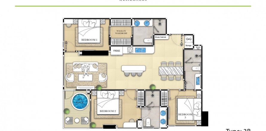 Кондоминиум с 3 спальнями в Паттайе, Таиланд в The Riviera Malibu № 121257