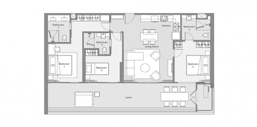 Планировка Квартиры «Laguna Seaside Residences» 3 спальни в ЖК Laguna Seaside