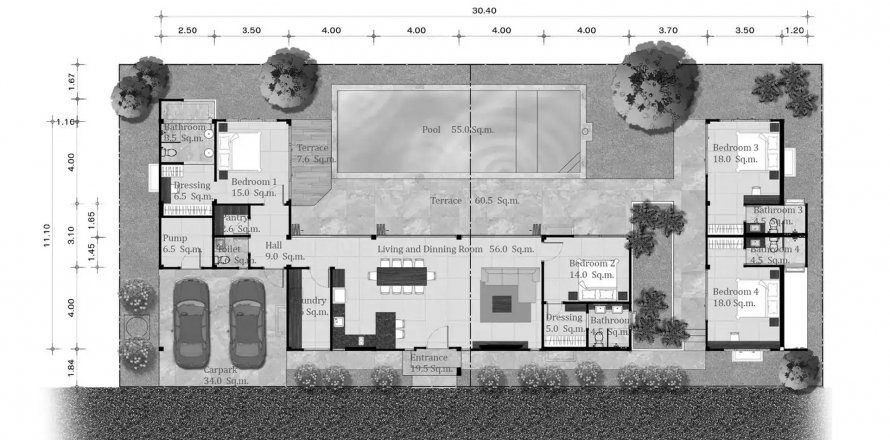 Планировка Виллы «Krabi Cliff Villas» 4 спальни в ЖК Krabi Cliff Villas