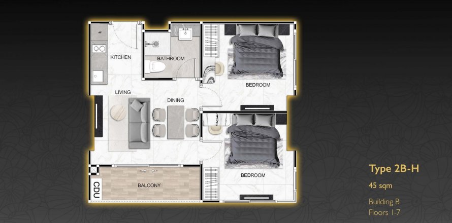 Планировка Квартиры «Zenith Pattaya» 2 спальни в корпусе Building B Zenith Pattaya in Chonburi in Pattaya, Thailand, ЖК Zenith Pattaya