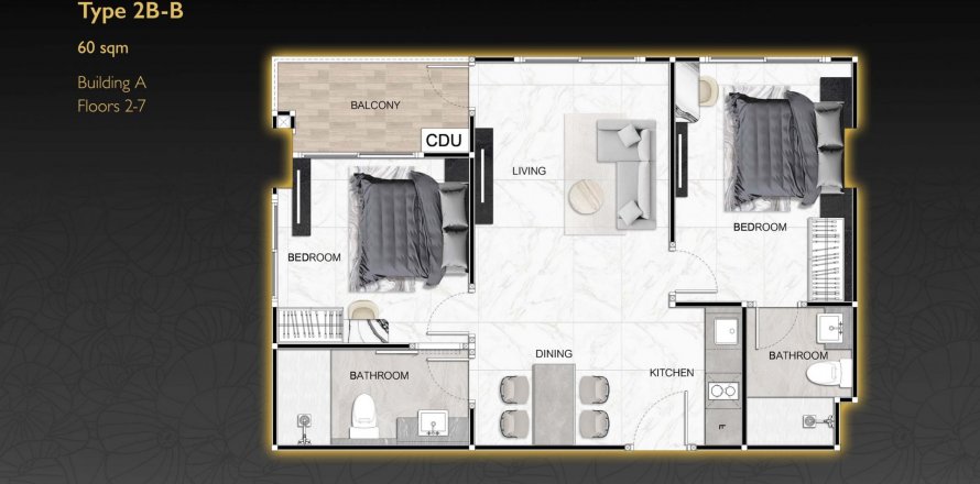 Планировка Квартиры «Zenith Pattaya» 2 спальни в корпусе Building A Zenith Pattaya in Chonburi in Pattaya, Thailand, ЖК Zenith Pattaya