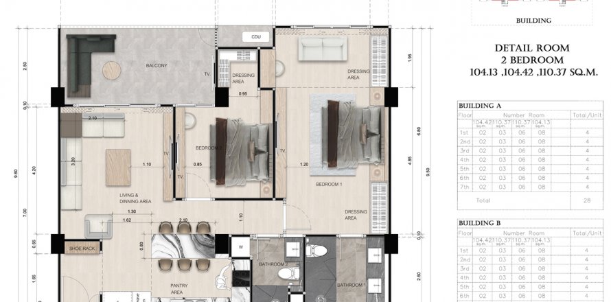 Квартира в Паттайе, Таиланд с 3 комнатами  № 123284