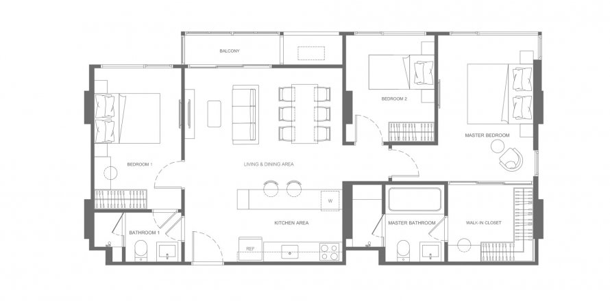 Планировка Кондоминиума «3BR-18» 3 спальни в корпусе Building C Valles Haus in Bangkok, Thailand, ЖК Valles Haus