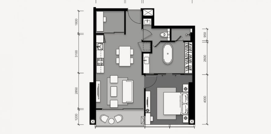 Планировка Кондоминиума «1BR-58» 1 спальня в ЖК Tait 12