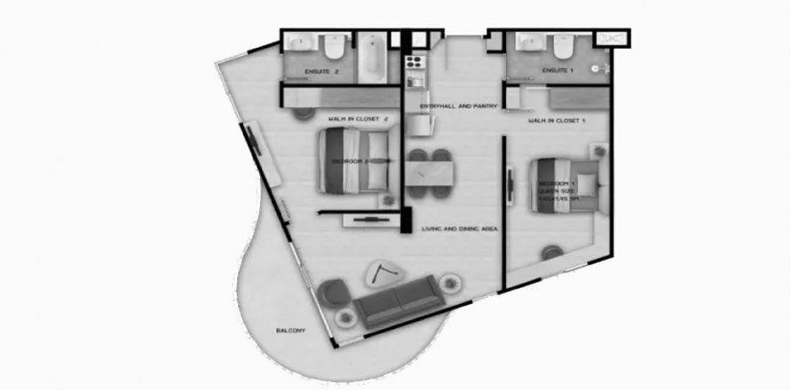 Планировка Кондоминиума «2BR-12» 2 спальни в корпусе Building B Aura Condominium in Phuket, Thailand, ЖК Aura Condominium