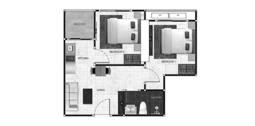 Планировка Квартиры «2BR-16» 2 спальни в ЖК Arcadia Millennium Tower