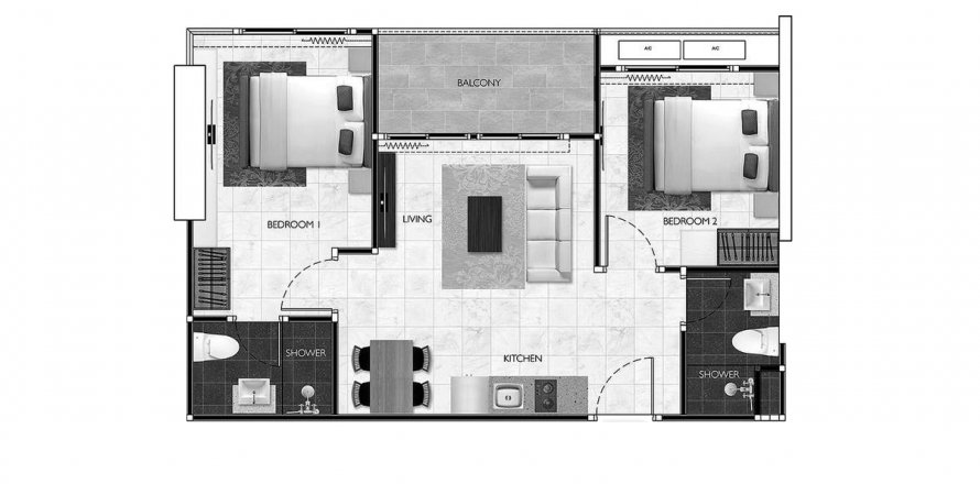 Планировка Квартиры «2BR-18» 2 спальни в ЖК Arcadia Millennium Tower