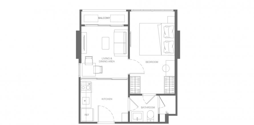 Планировка Кондоминиума «1BR-15» 1 спальня в корпусе Building B Valles Haus in Bangkok, Thailand, ЖК Valles Haus