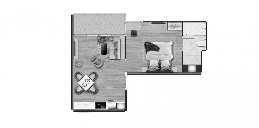 Планировка Квартиры «1BR-15» 1 спальня в корпусе Building A Coral Beach Oceanview Resort Patong in Phuket, Thailand, ЖК Coral Beach Oceanview Resort Patong