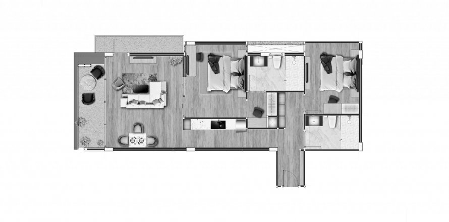 Планировка Квартиры «2BR-17» 2 спальни в корпусе Building B Coral Beach Oceanview Resort Patong in Phuket, Thailand, ЖК Coral Beach Oceanview Resort Patong
