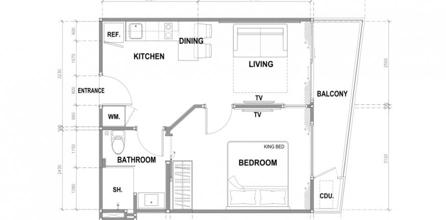 Планировка Квартиры «1BR-66» 1 спальня в корпусе Building B The City Phuket in Phuket, Thailand, ЖК The City Phuket