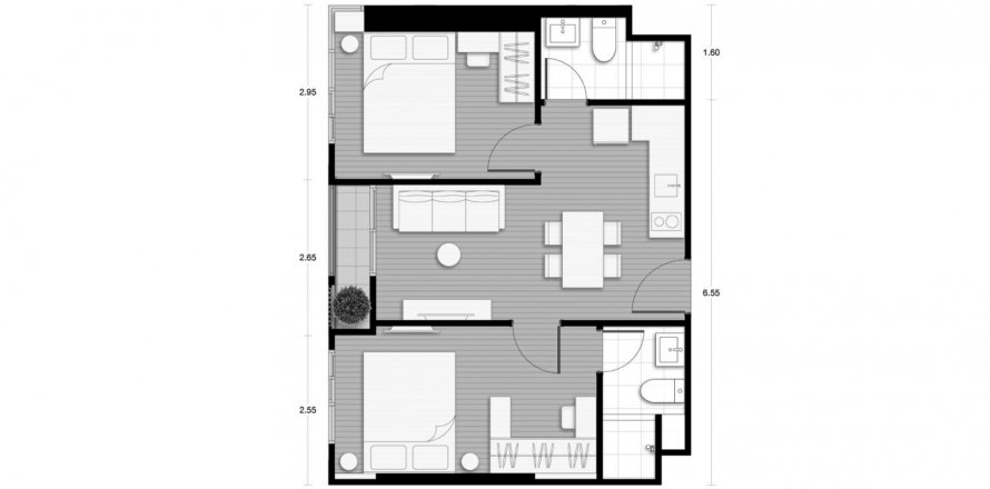 Планировка Кондоминиума «2BR-68» 2 спальни в ЖК Nue District R9