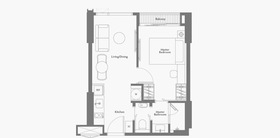 Планировка Квартиры «1BR-56» 1 спальня в ЖК 125 Sathorn