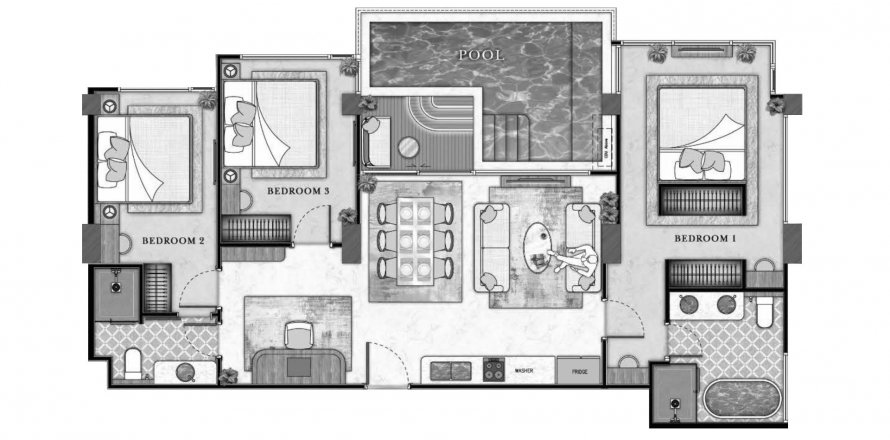 Планировка Кондоминиума «The Riviera Beverly Hills» 3 спальни в ЖК The Riviera Beverly Hills