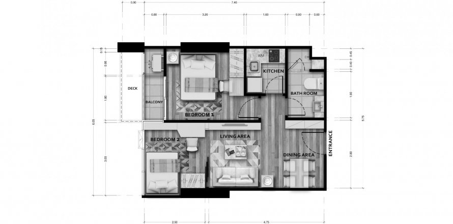 Планировка Квартиры «2BR-54» 2 спальни в ЖК Sapphire Luxurious Condominium Rama 3